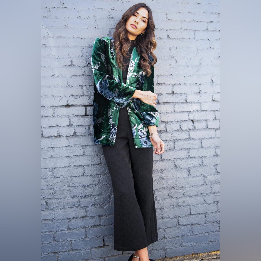 Eva Franco Green Velvet Bloom Car Coat - L